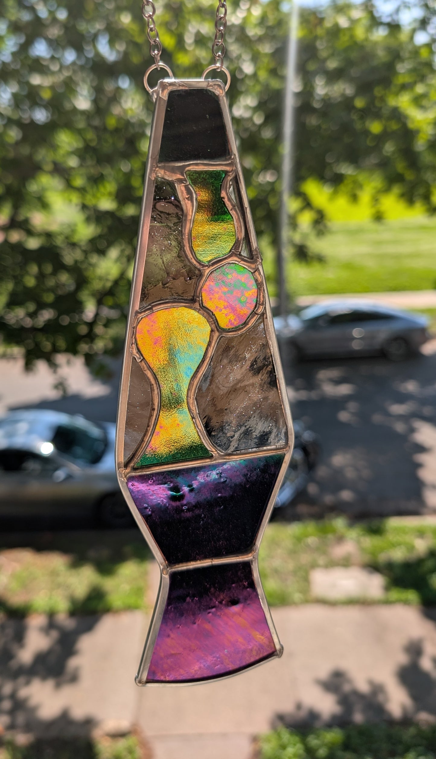 Handcrafted stained glass lava lamp green and black idridescent