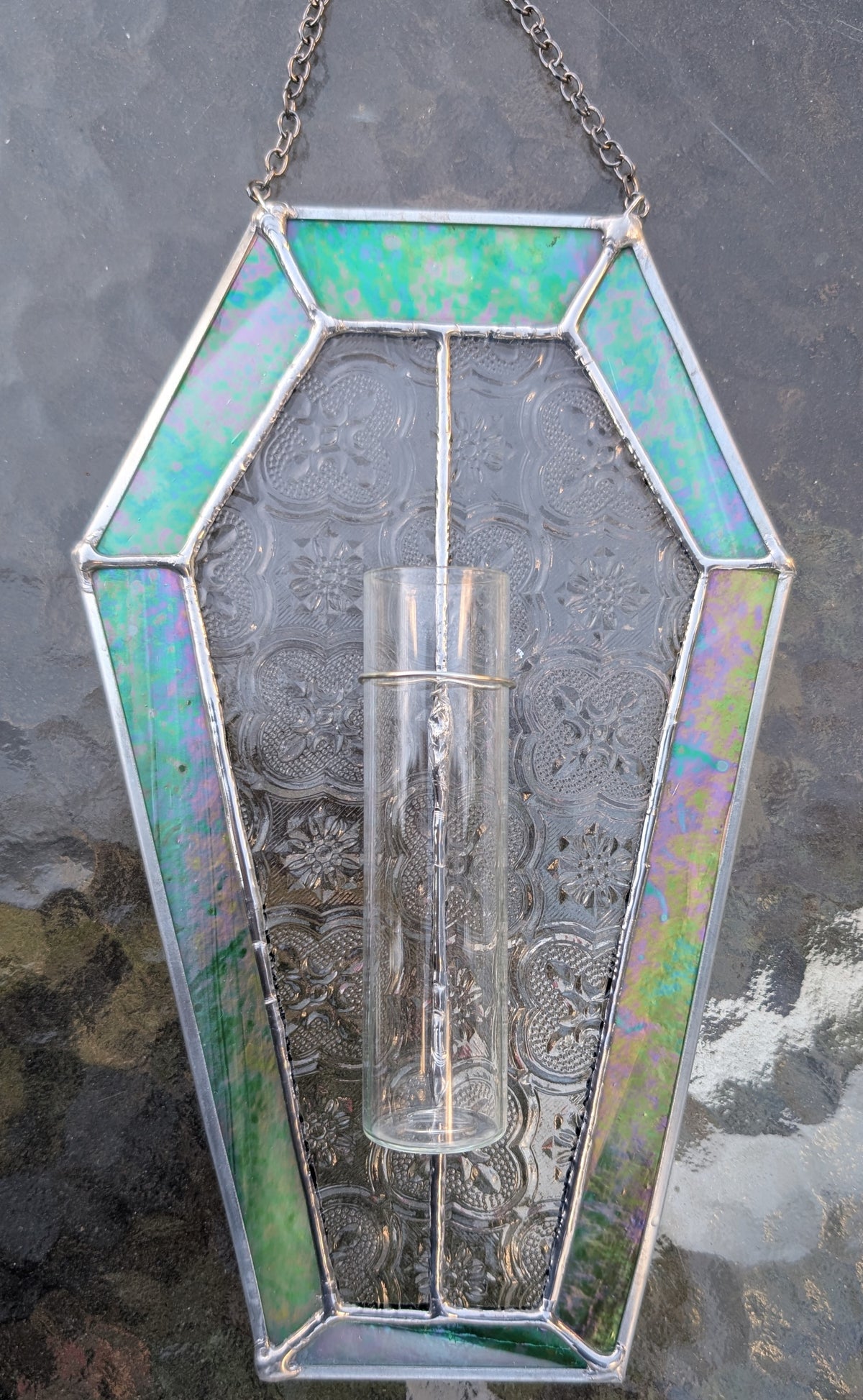 Stained glass sun catcher green coffin propagation station