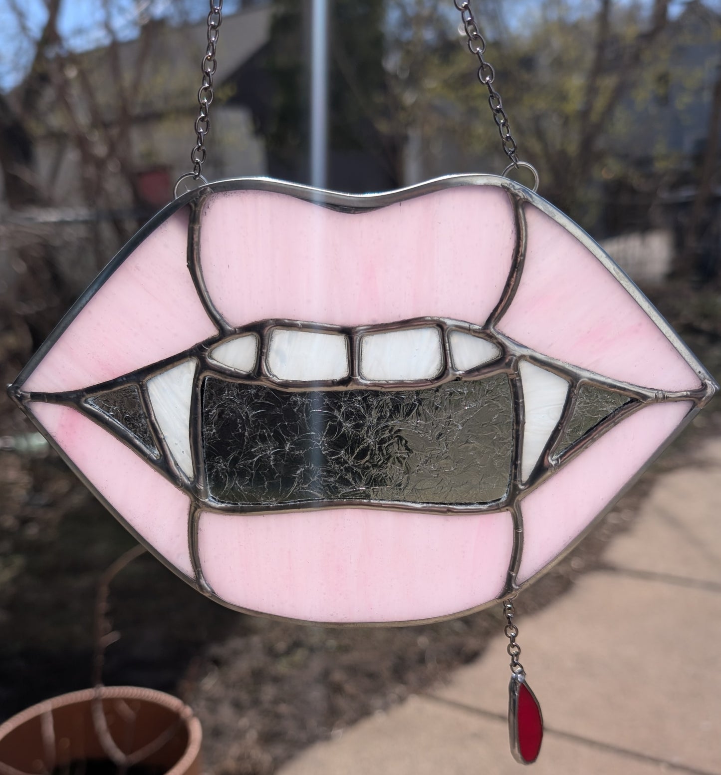Handcrafted stained glass vampire teeth pink lips