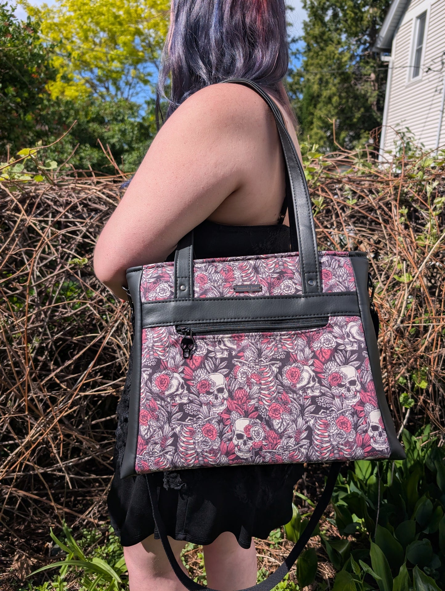 Handcrafted bag purse handbag shoulder bag pink skeleton floral