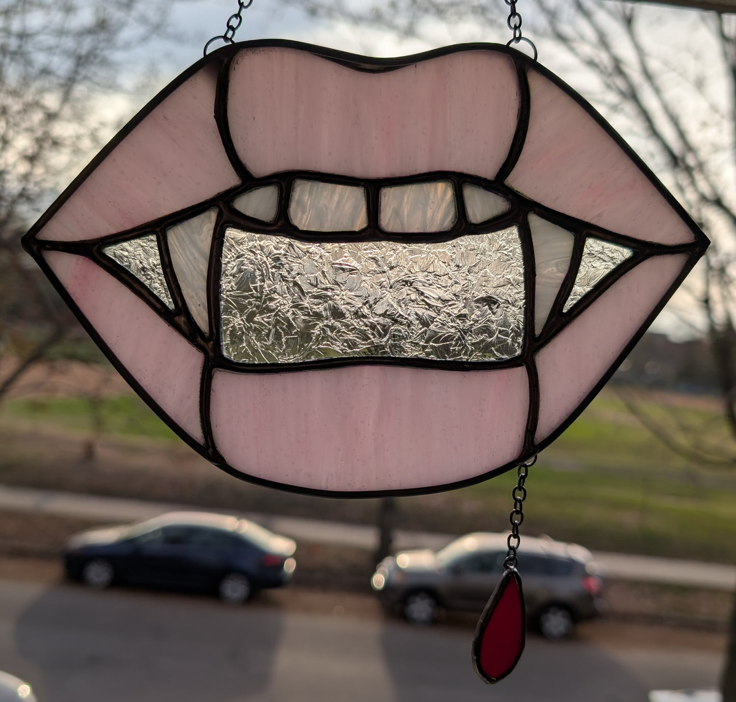 Handcrafted stained glass vampire teeth pink lips