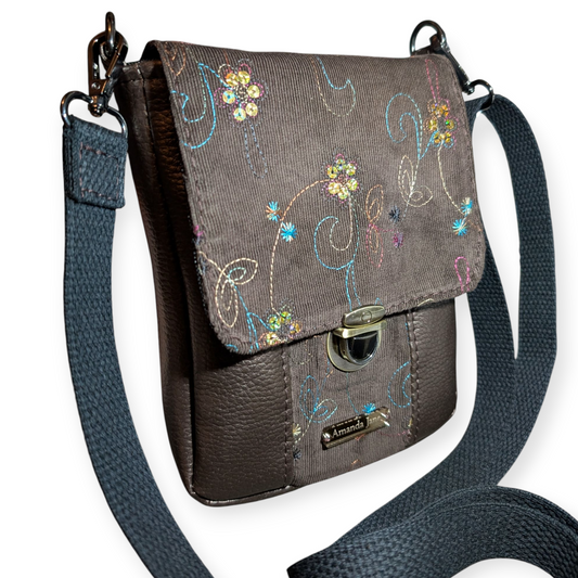 Handcrafted bag purse crossbody, built-in wallet, floral paisley corduroy
