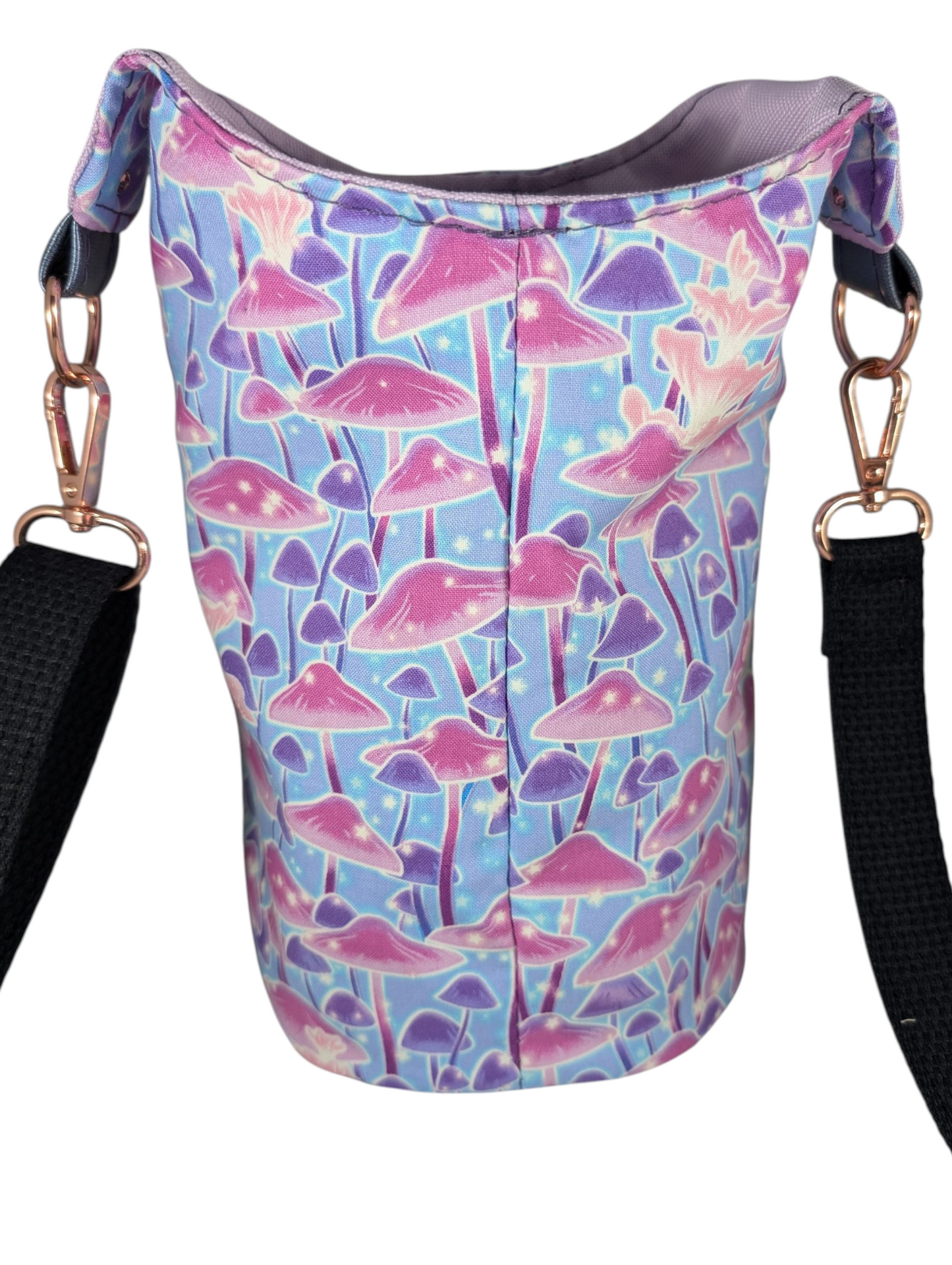 Handcrafted water bottle holder with card slots glow in the dark neon mushrooms