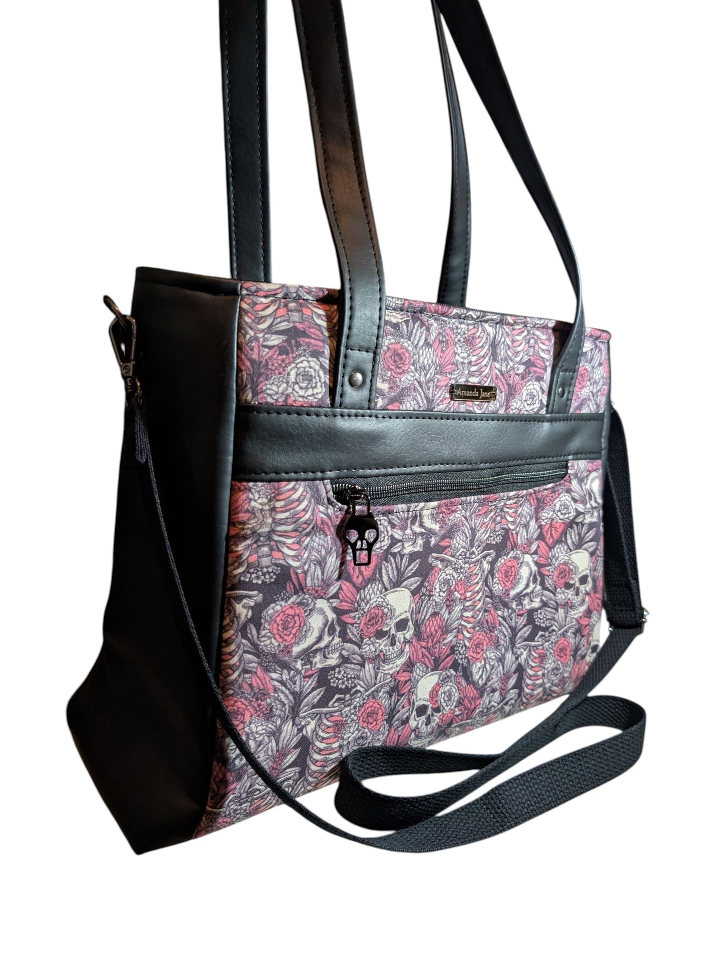 Handcrafted bag purse handbag shoulder bag pink skeleton floral