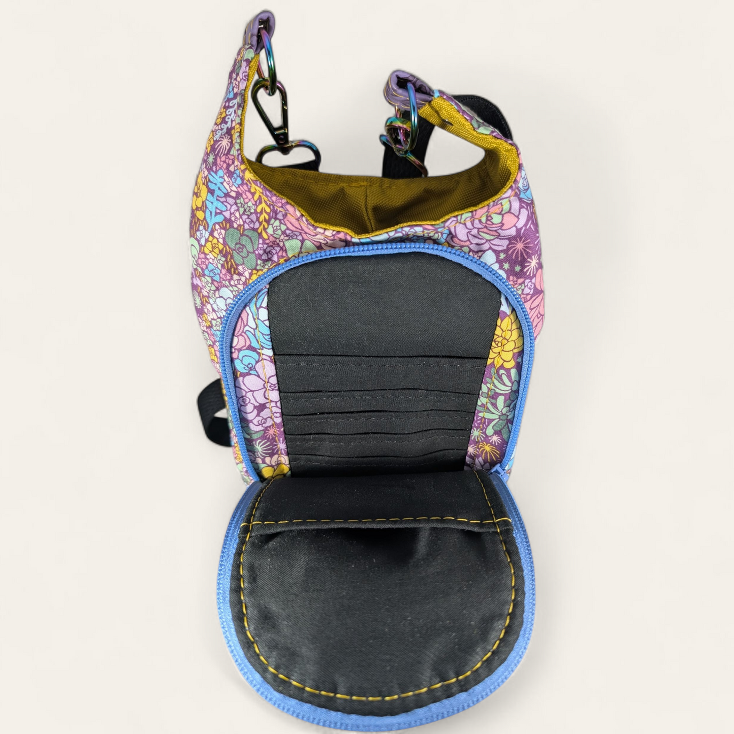 Handcrafted water bottle holder with card slots bright succulents