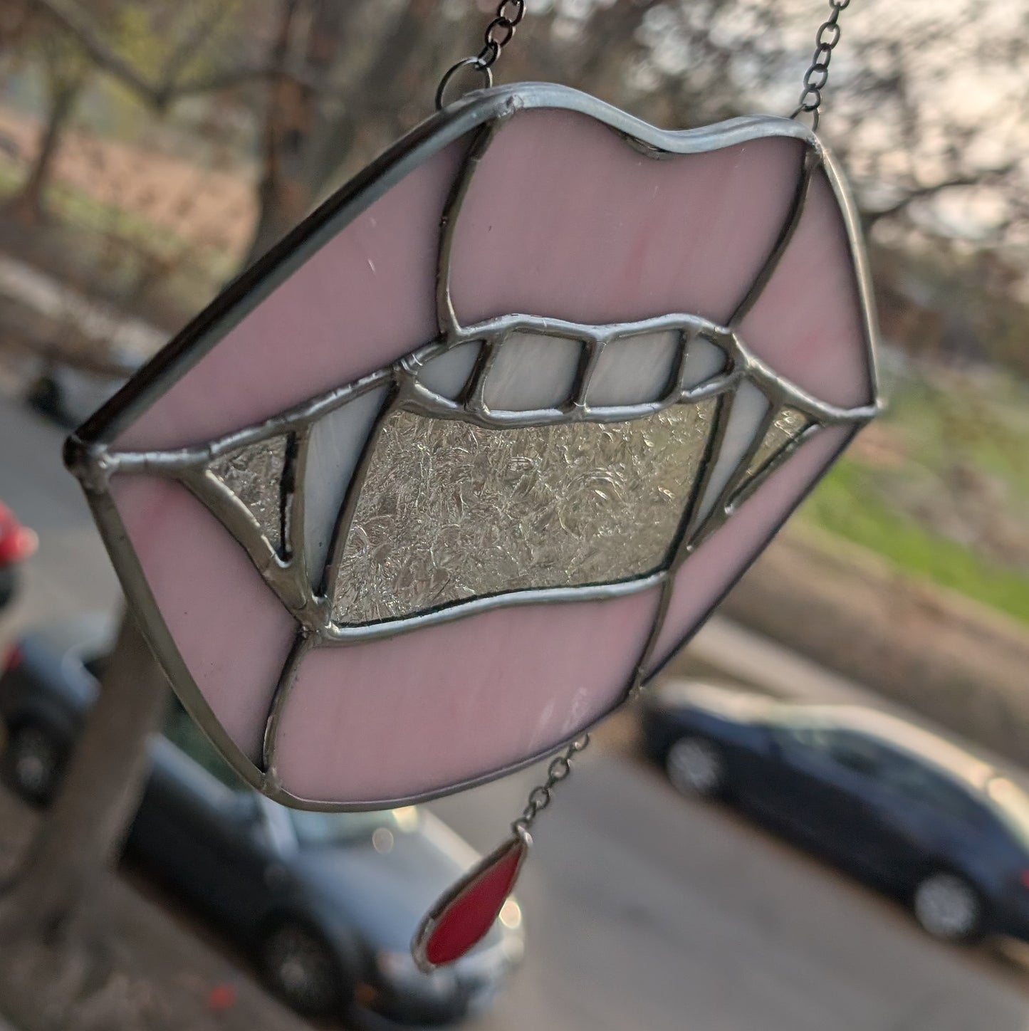 Handcrafted stained glass vampire teeth pink lips