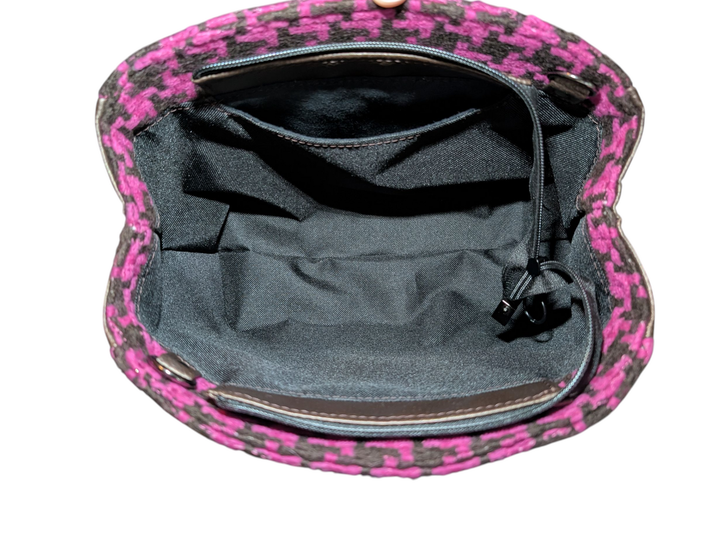 Handcrafted purse hand bag pink and brown houndstooth wool