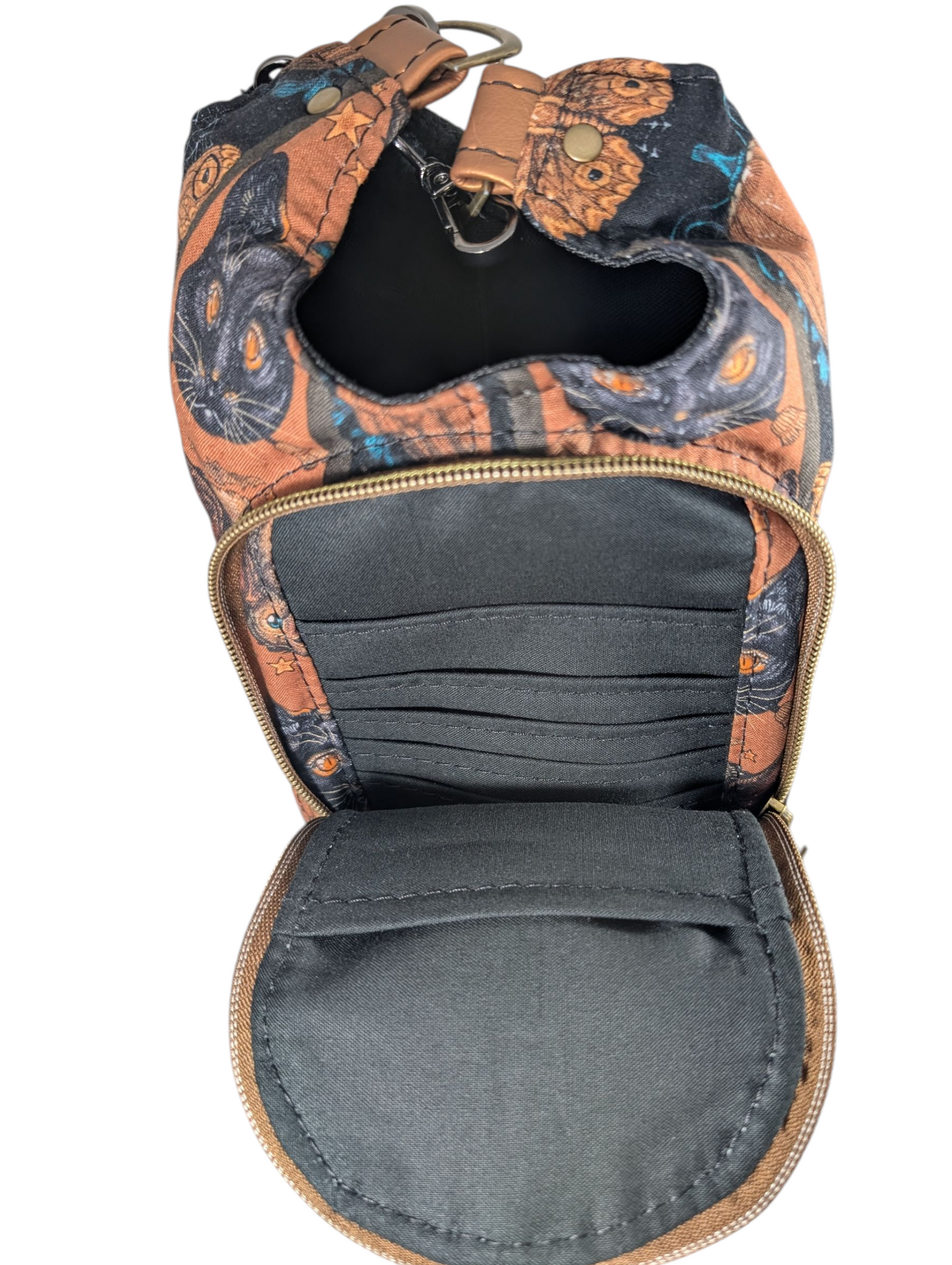 Handcrafted water bottle holder with card slots bats and cats