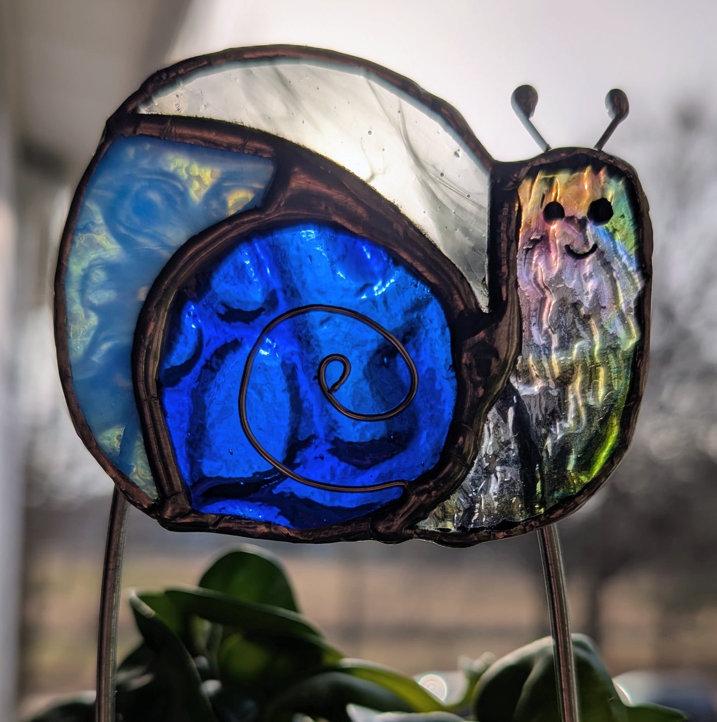 Handcrafted stained glass garden plant stake happy snail