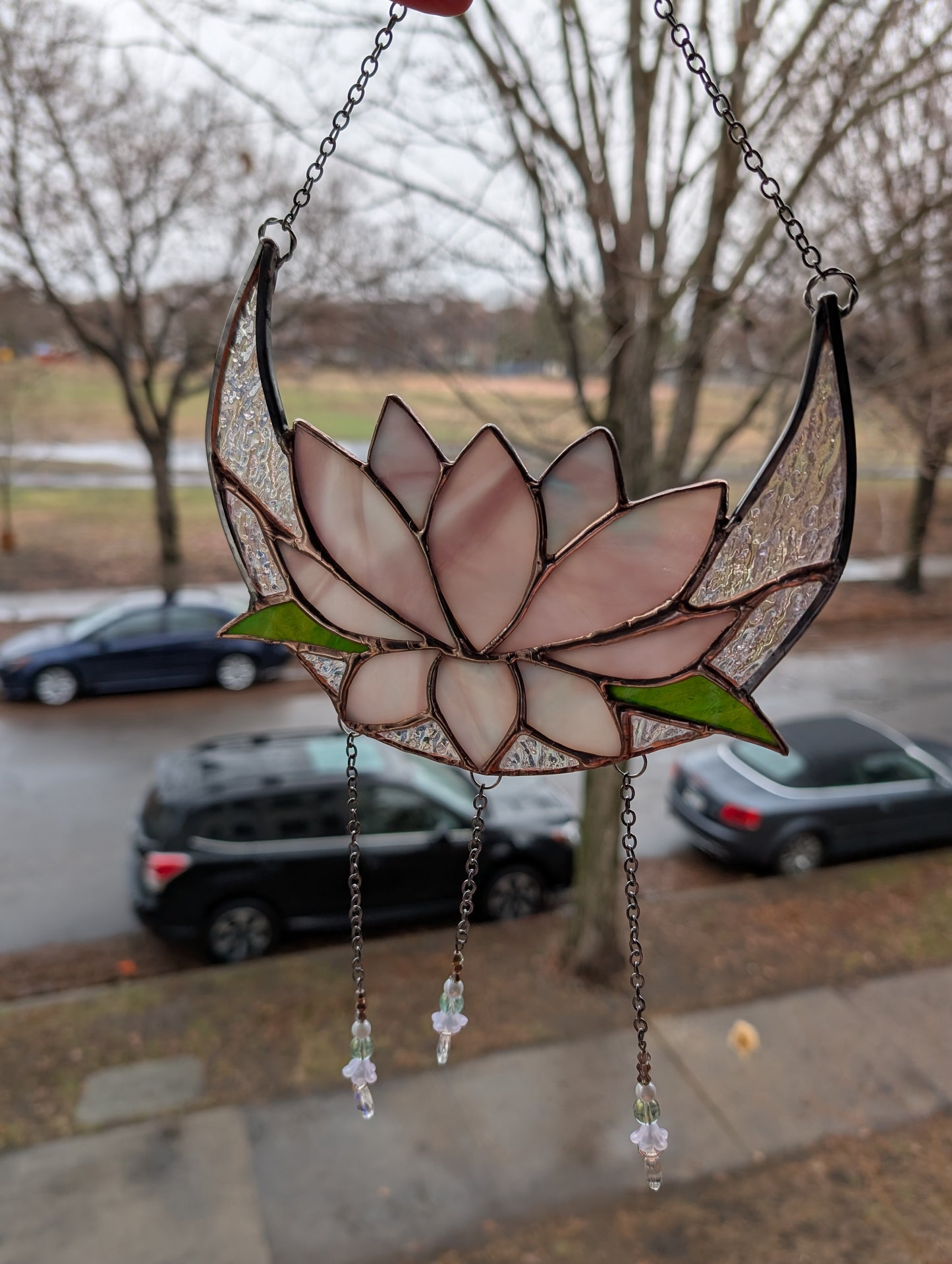 Handcrafted stained glass lotus moon pink