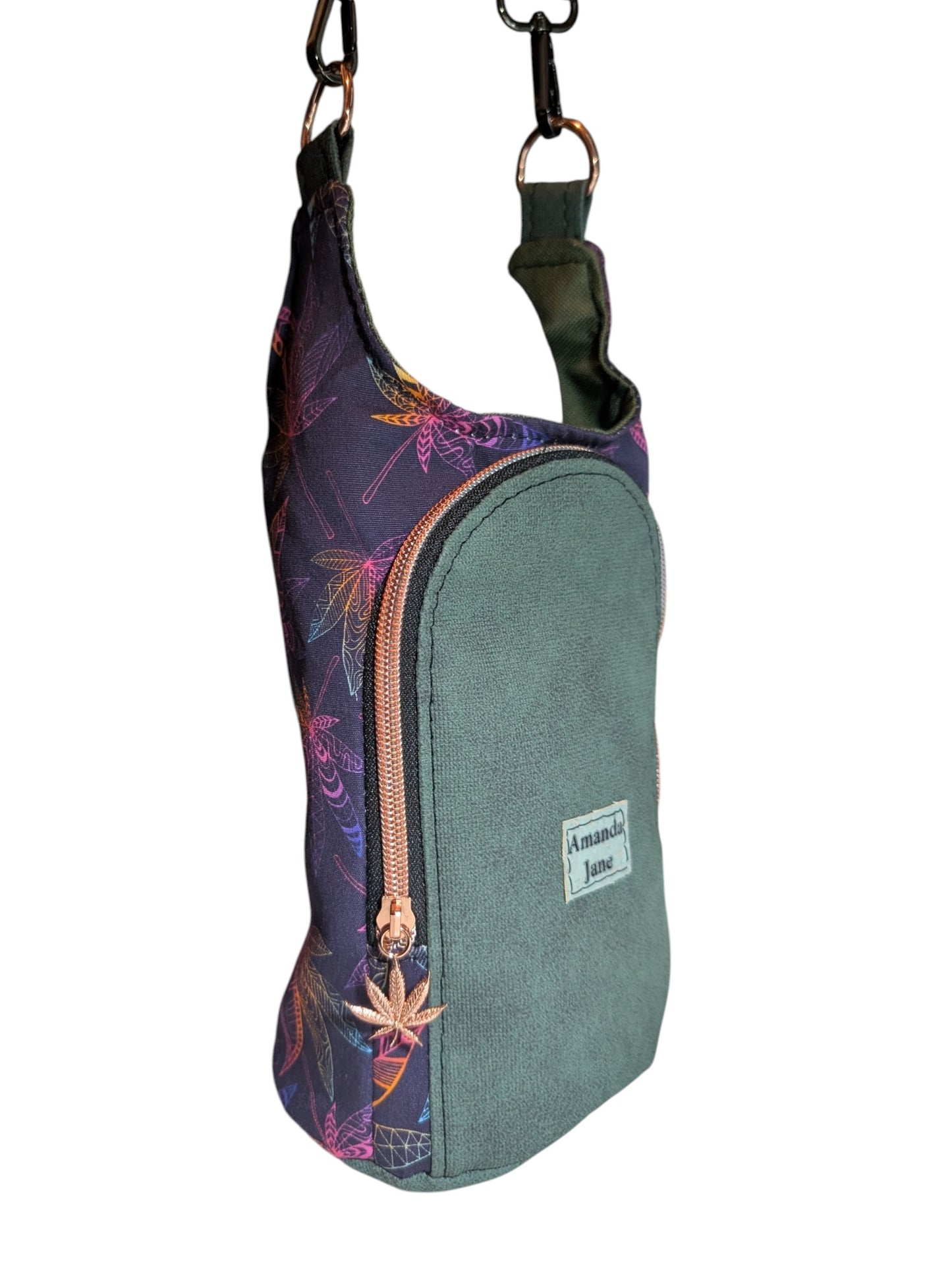 Handcrafted water bottle holder with card slots adult leaves
