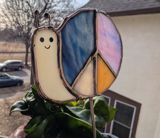 Handcrafted stained glass garden plant stake happy snail