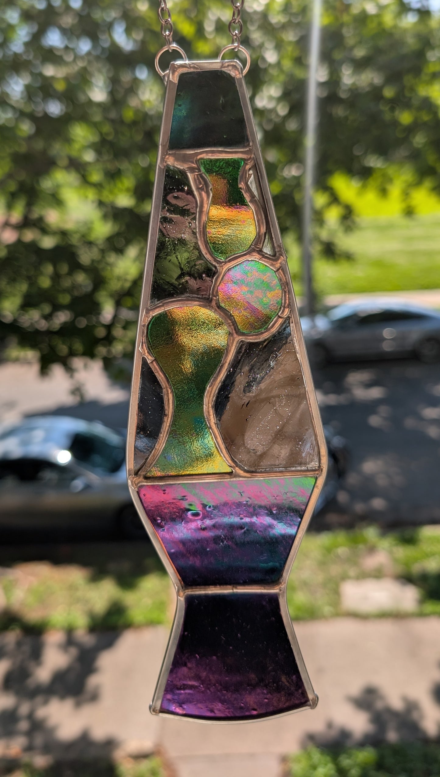 Handcrafted stained glass lava lamp green and black idridescent