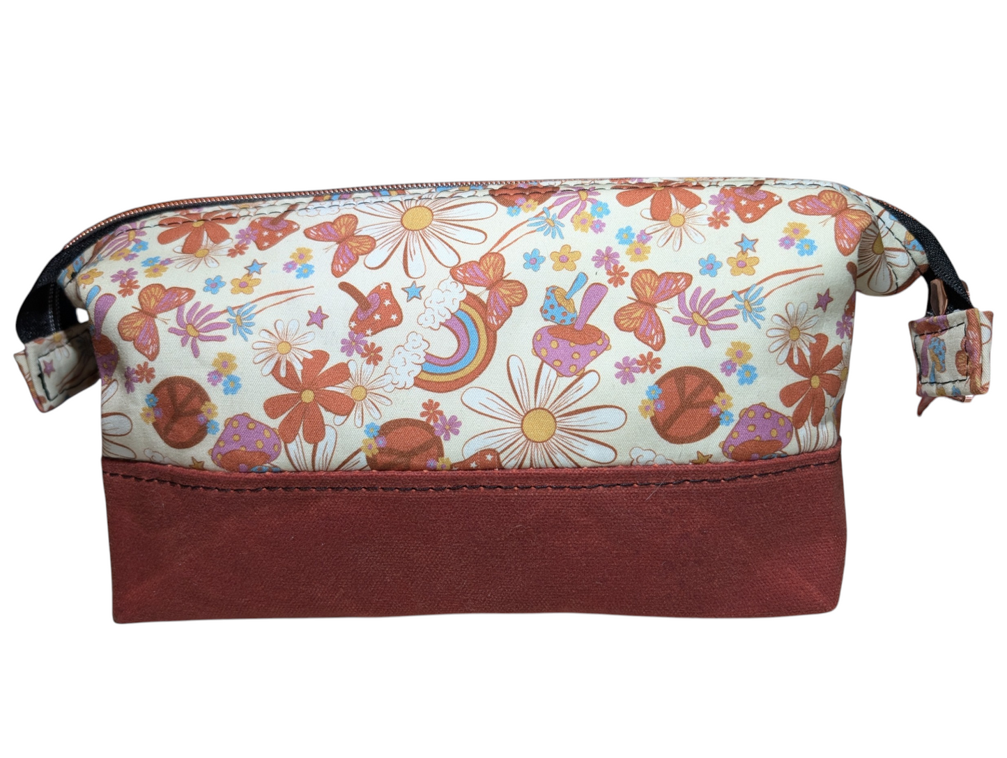 Handcrafted pouch make up toiletry bag retro peace signs, rainbows