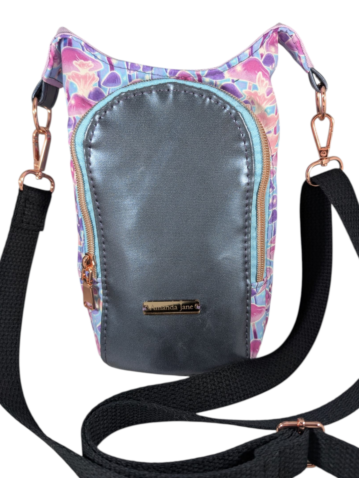 Handcrafted water bottle holder with card slots glow in the dark neon mushrooms