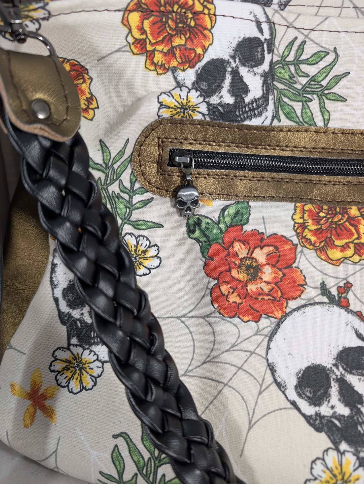 Handcrafted convertible shoulder purse to backpack floral skulls