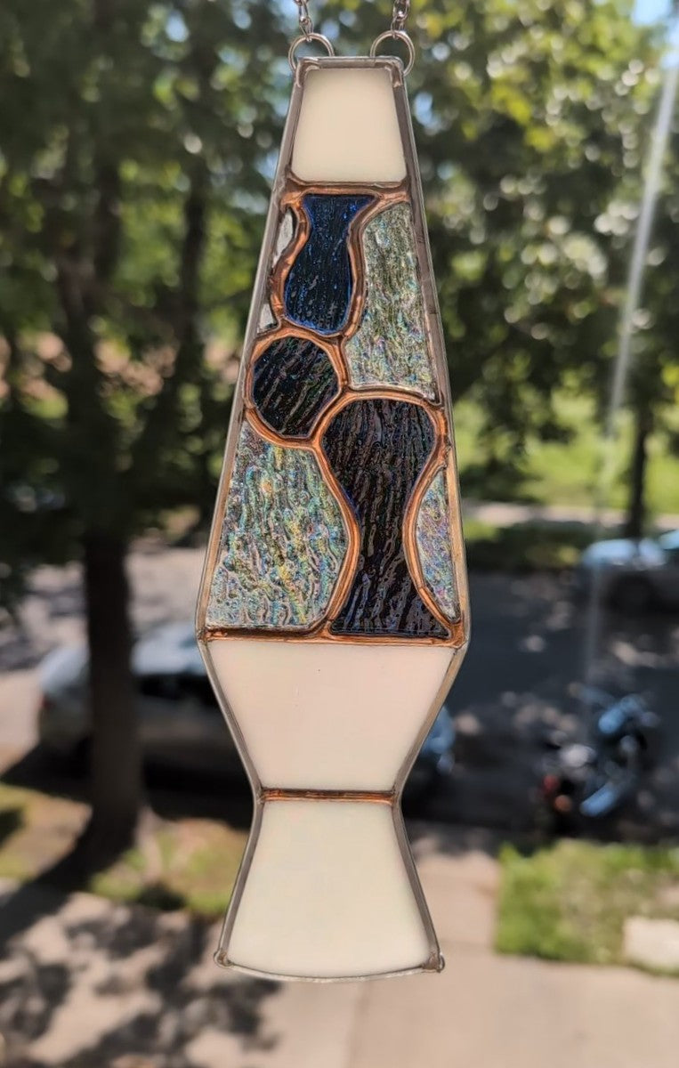 Handcrafted stained glass lava lamp white iridescent and blue