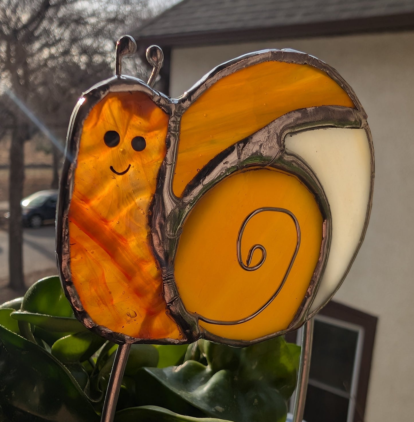 Handcrafted stained glass garden plant stake happy snail