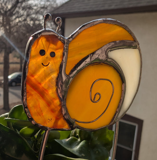 Handcrafted stained glass garden plant stake happy snail