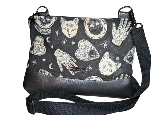 Handcrafted purse crossbody ouija black cats witchy