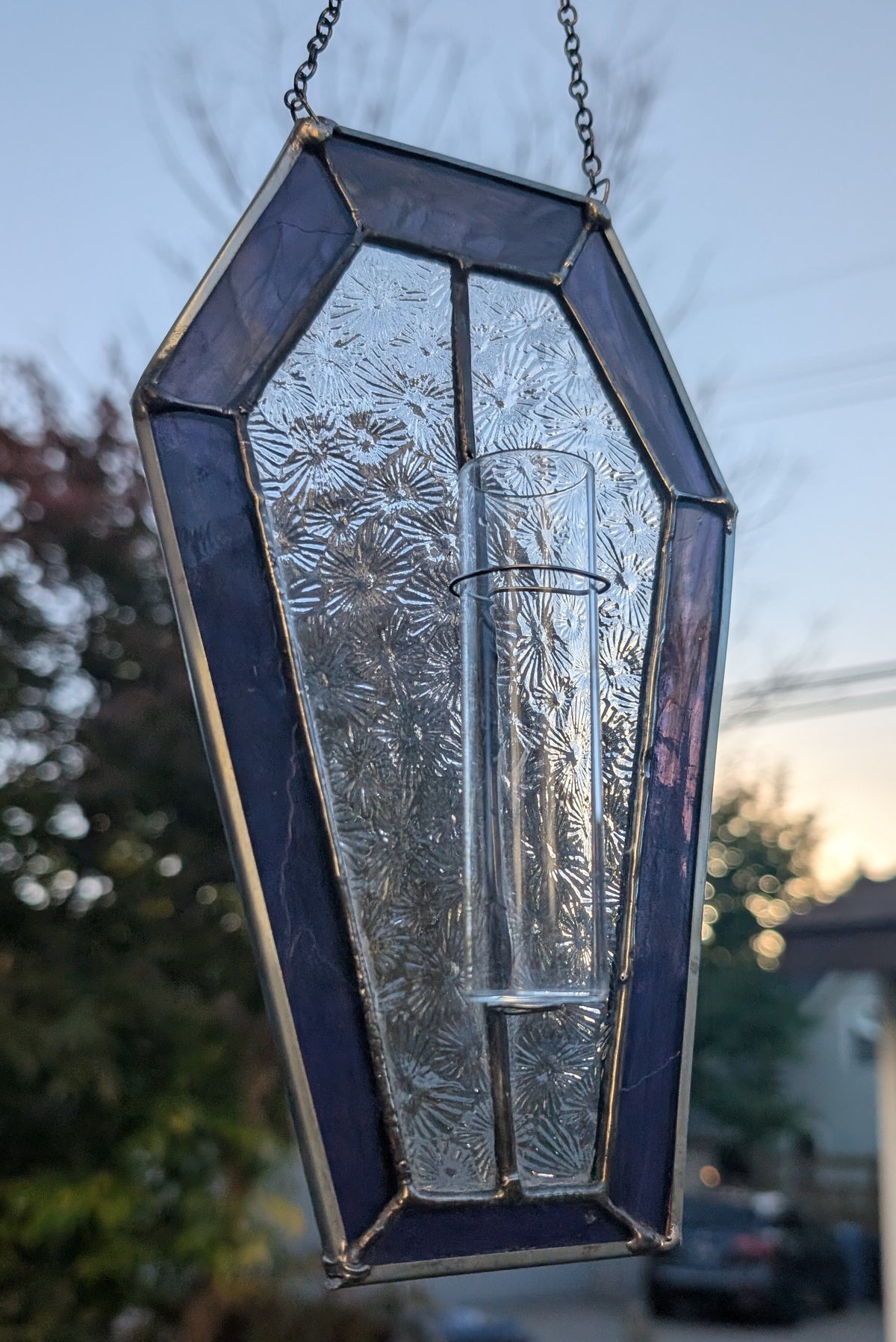 Stained glass sun catcher purple coffin propagation station