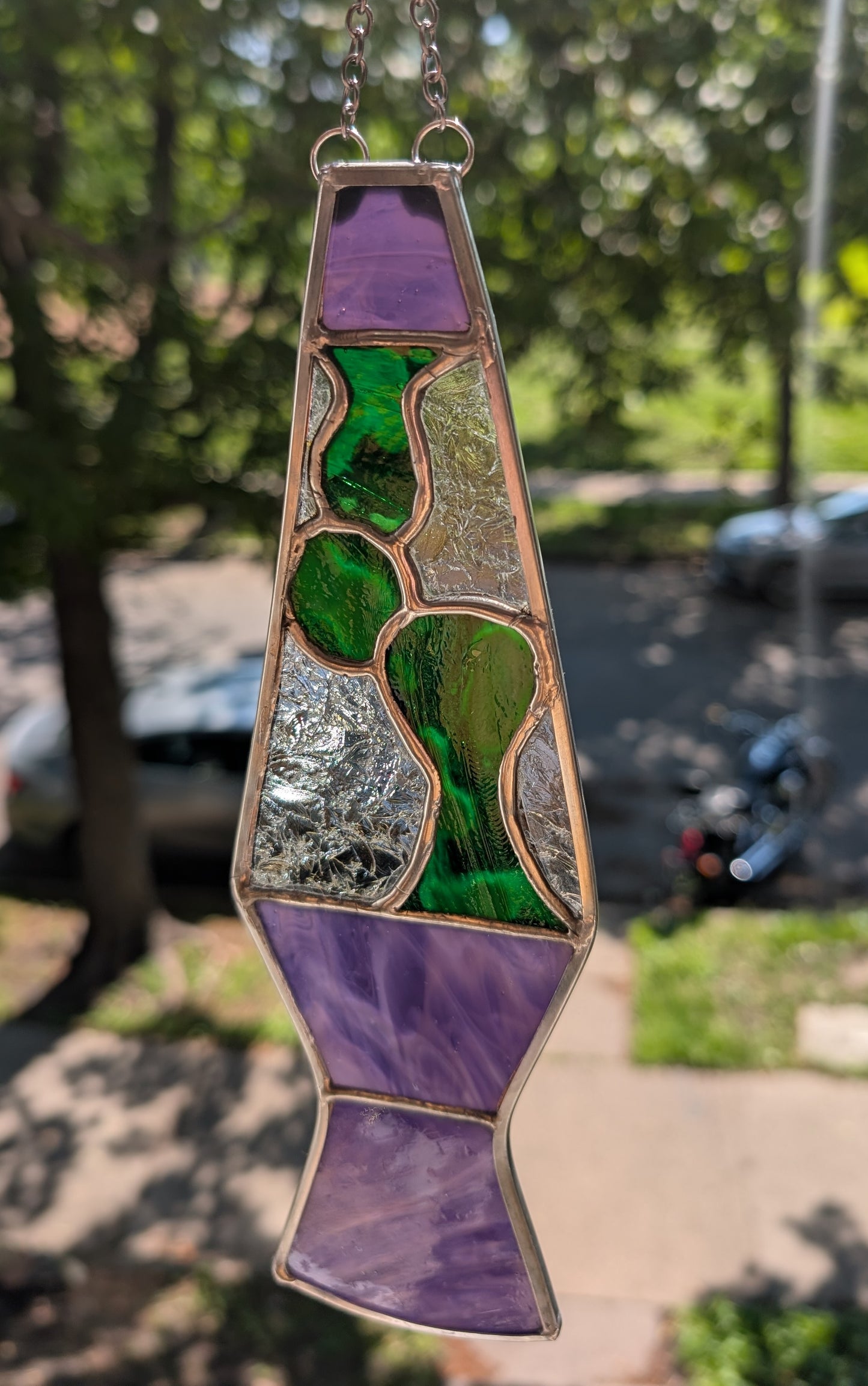 Handcrafted stained glass lava lamp purple and green