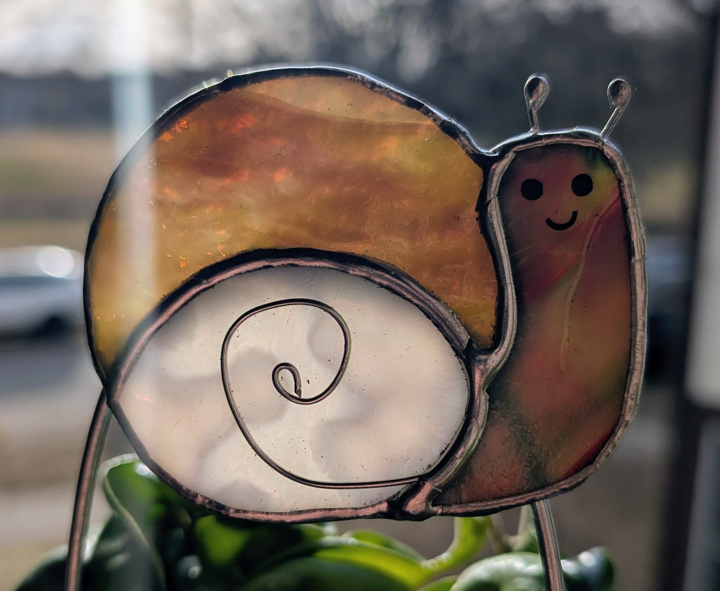 Handcrafted stained glass garden plant stake happy snail