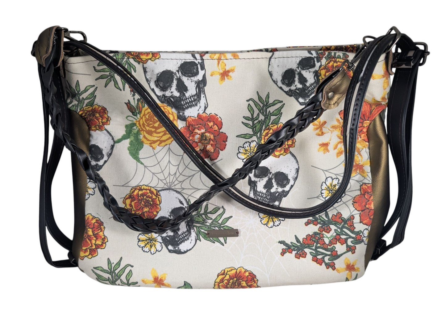 Handcrafted convertible shoulder purse to backpack floral skulls