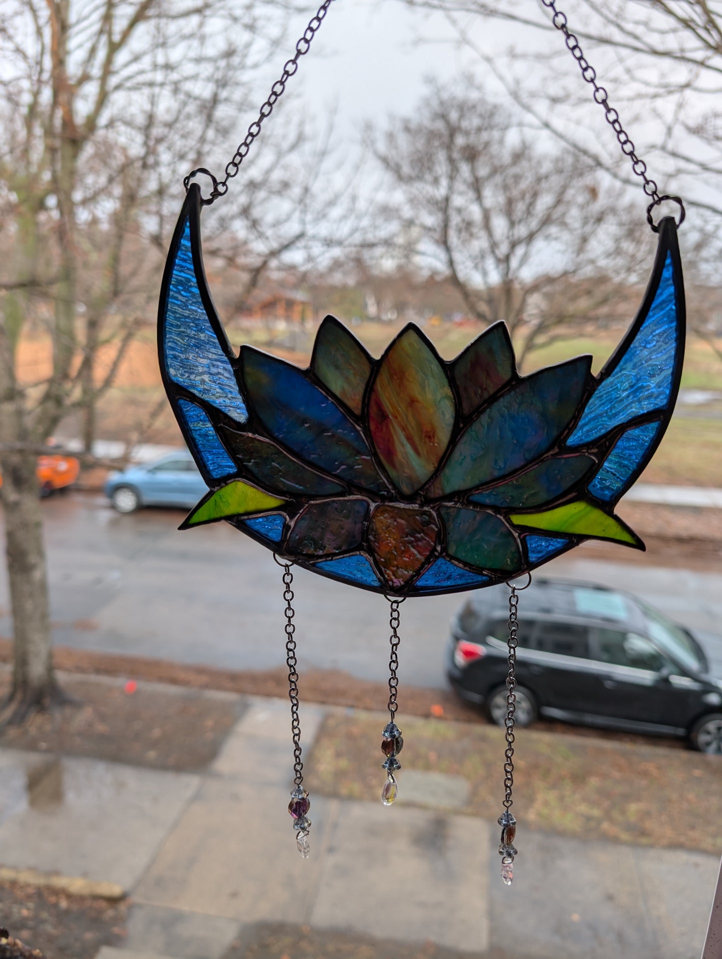 Handcrafted stained glass lotus moon blue DISCOUNTED