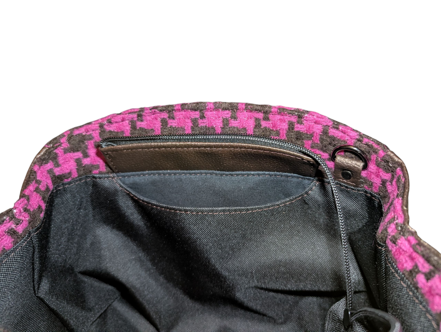 Handcrafted purse hand bag pink and brown houndstooth wool