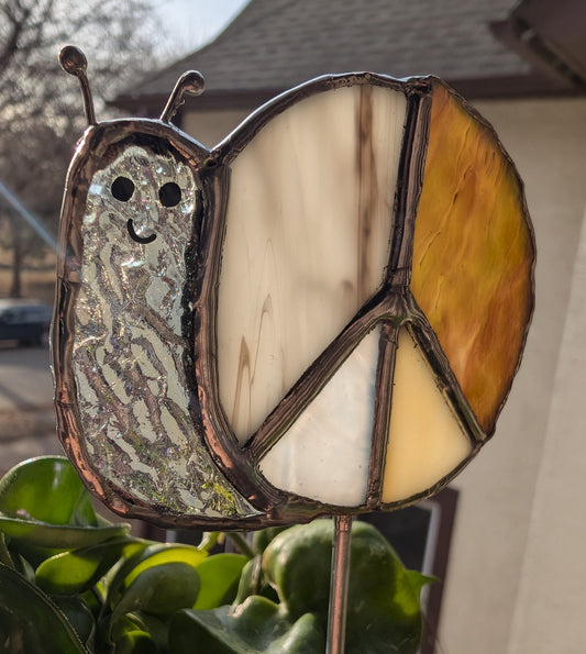Handcrafted stained glass garden plant stake happy snail