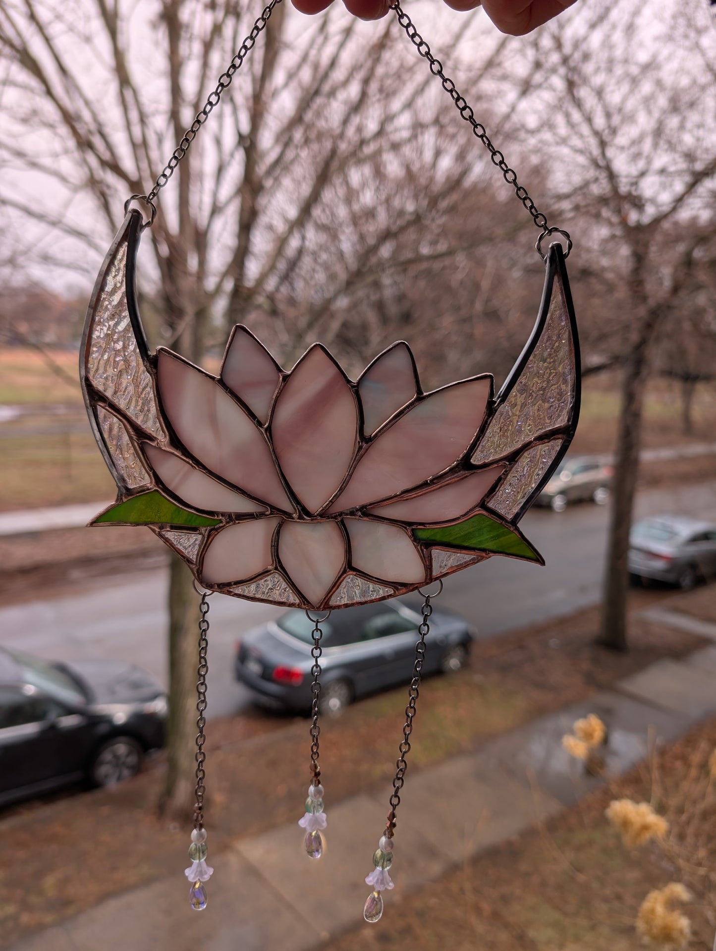 Handcrafted stained glass lotus moon pink
