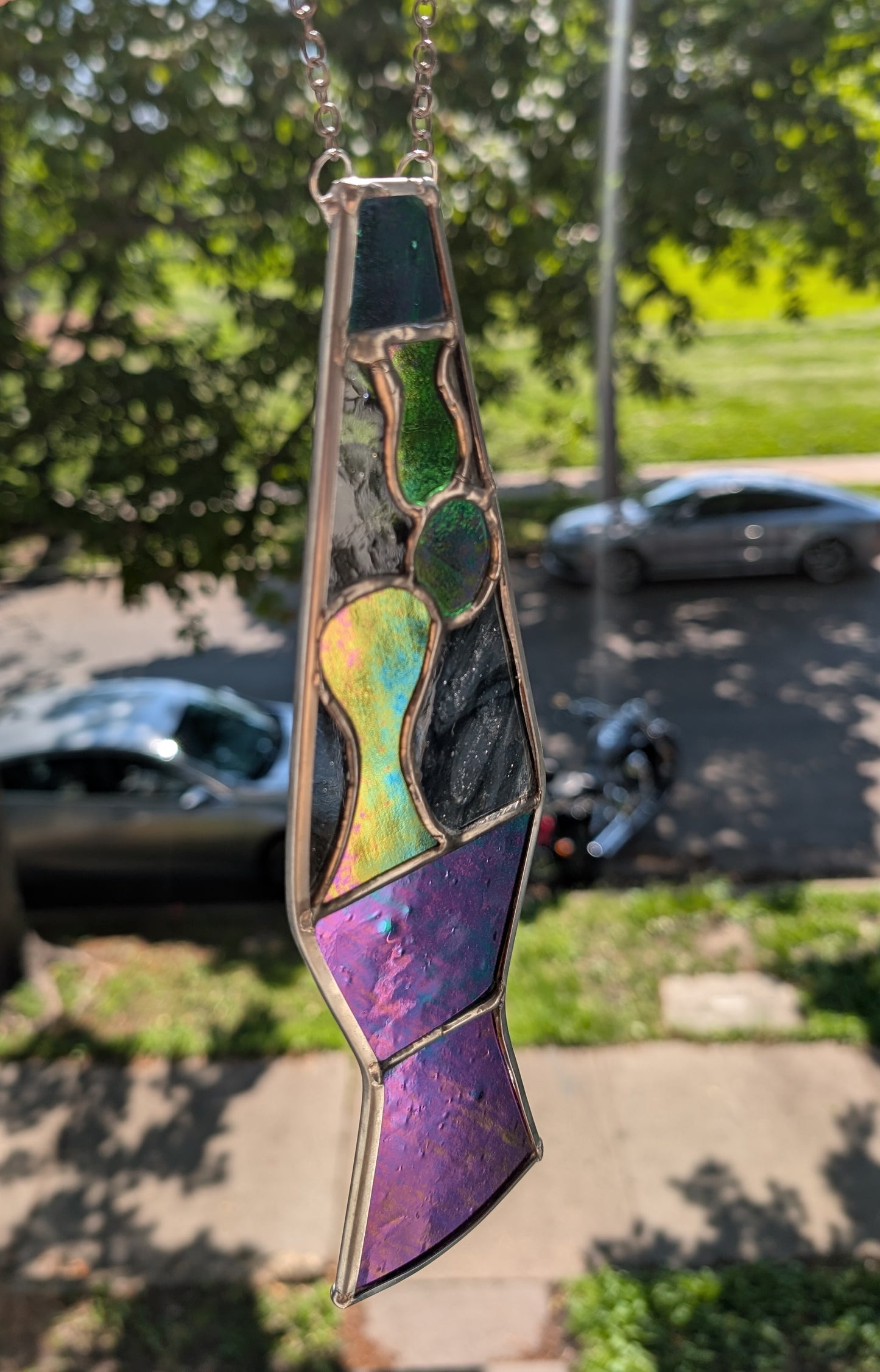 Handcrafted stained glass lava lamp green and black idridescent