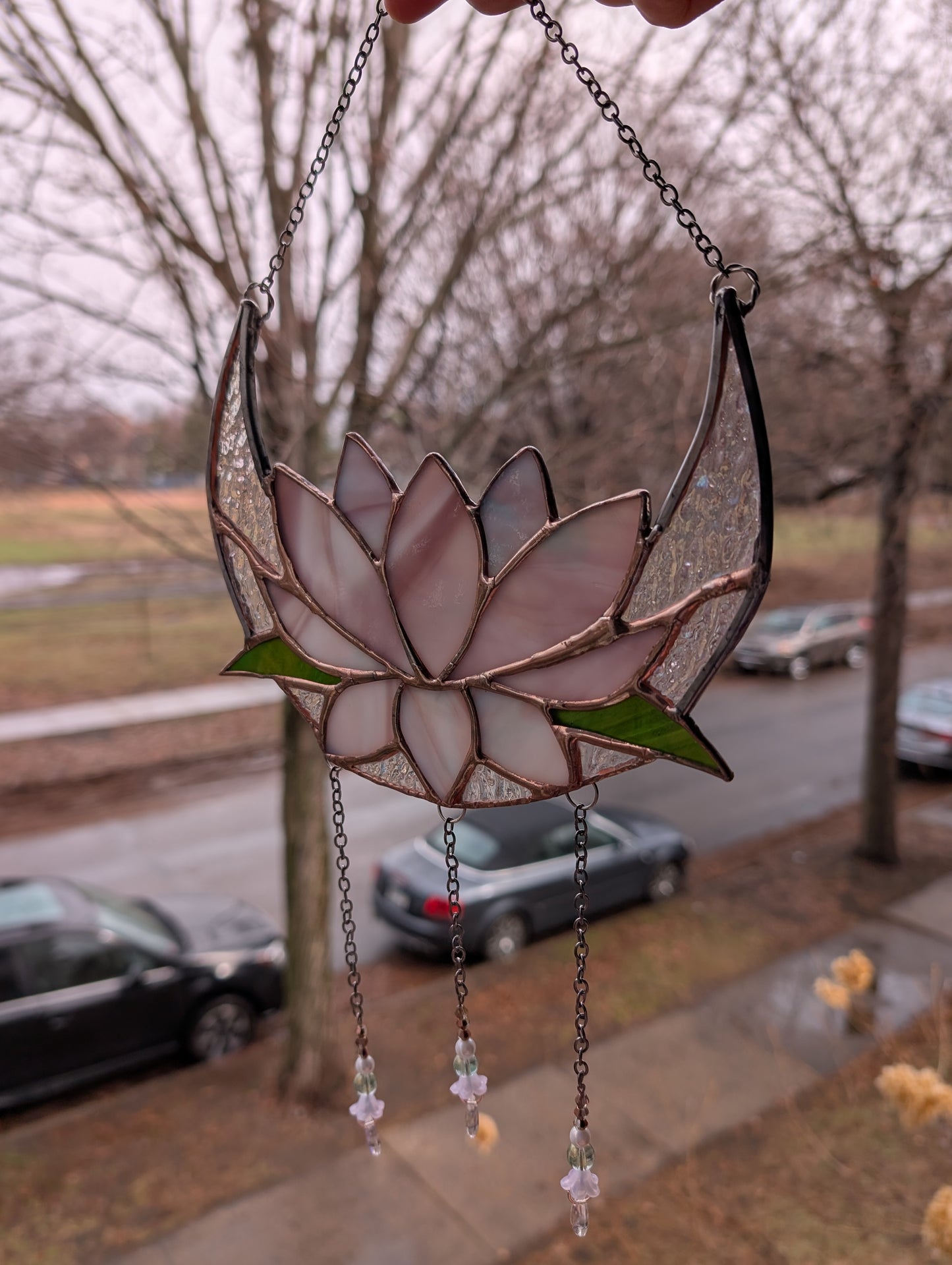 Handcrafted stained glass lotus moon pink