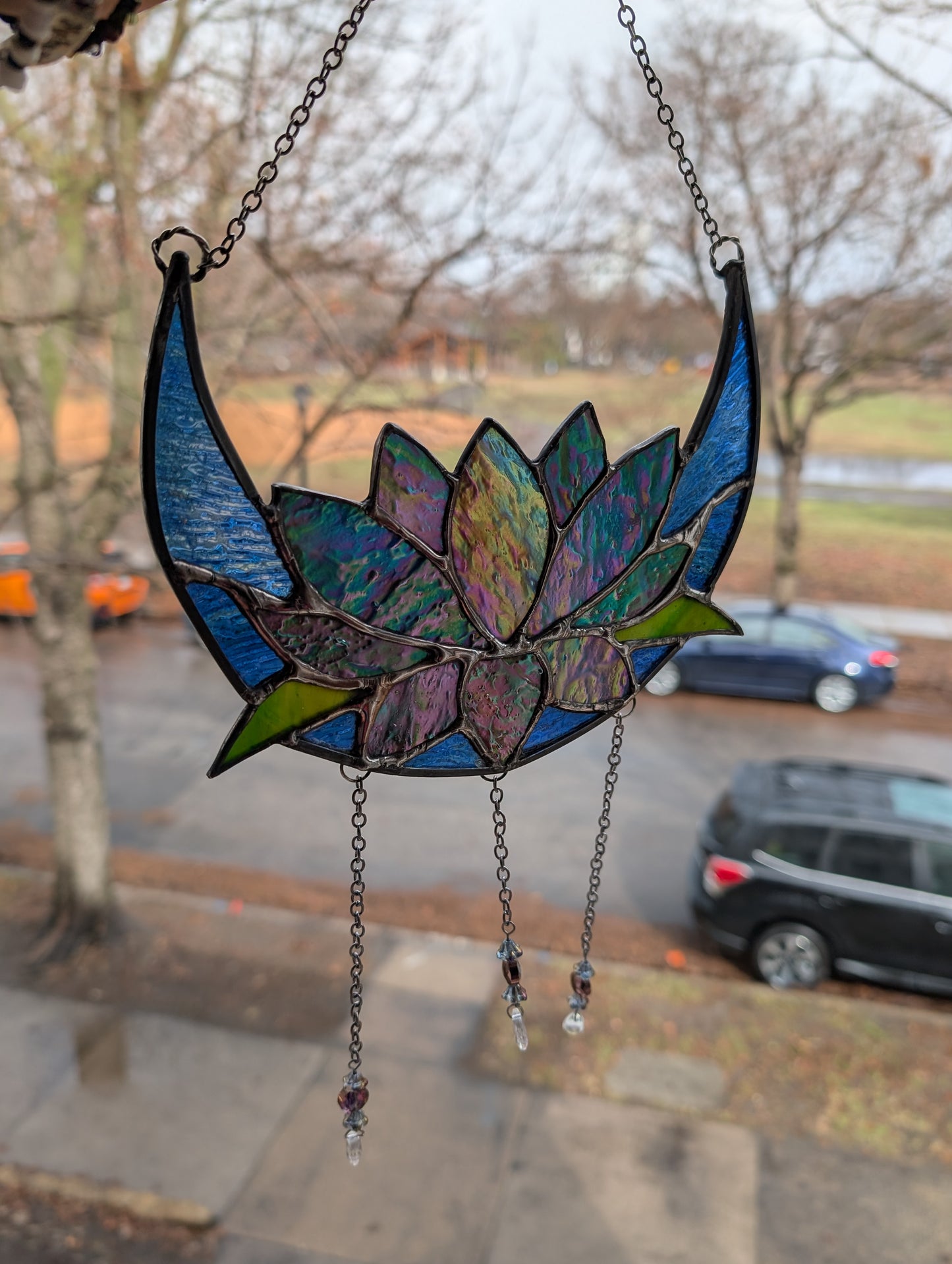 Handcrafted stained glass lotus moon blue DISCOUNTED