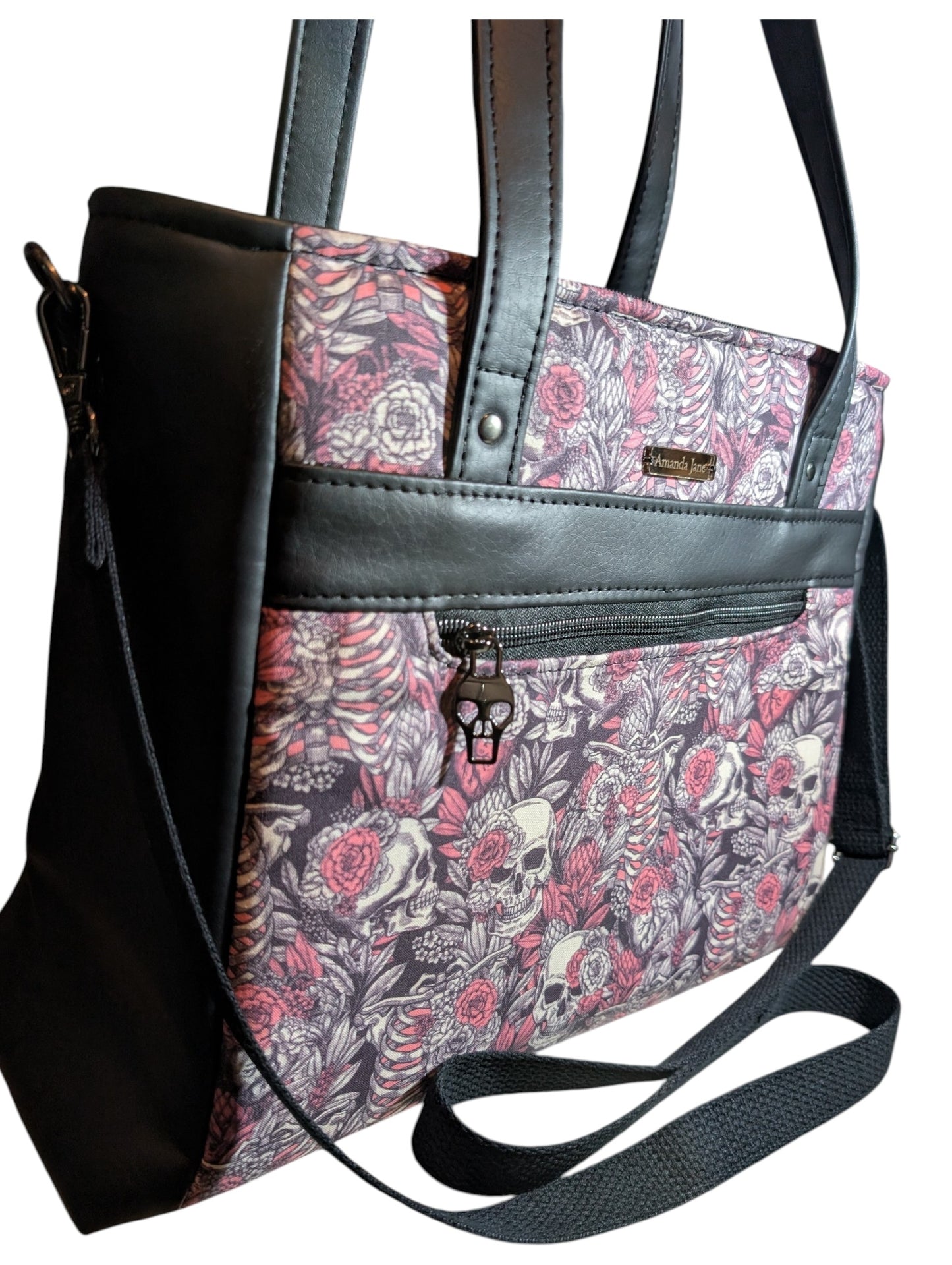 Handcrafted bag purse handbag shoulder bag pink skeleton floral