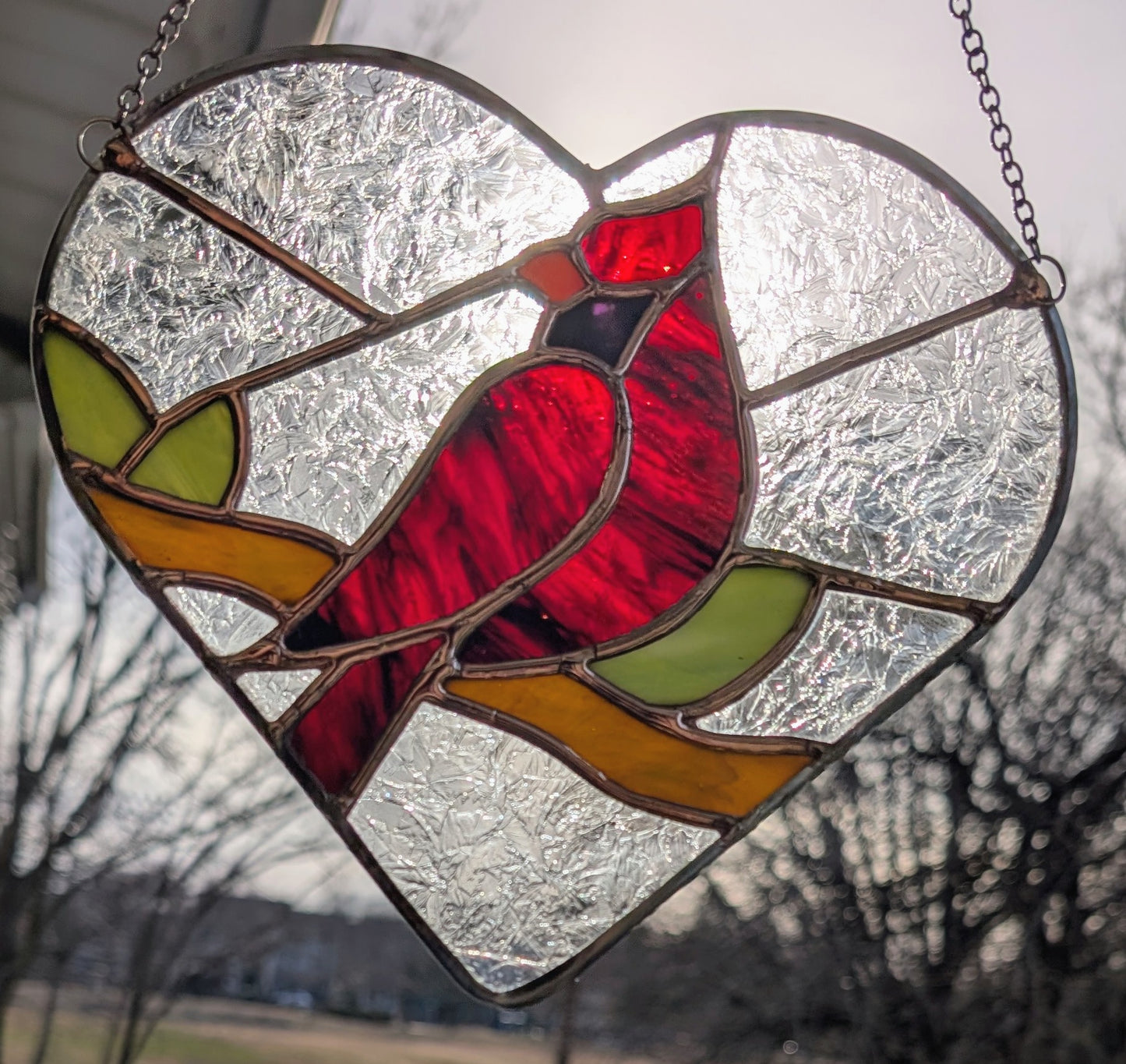 Handcrafted stained glass heart cardinal