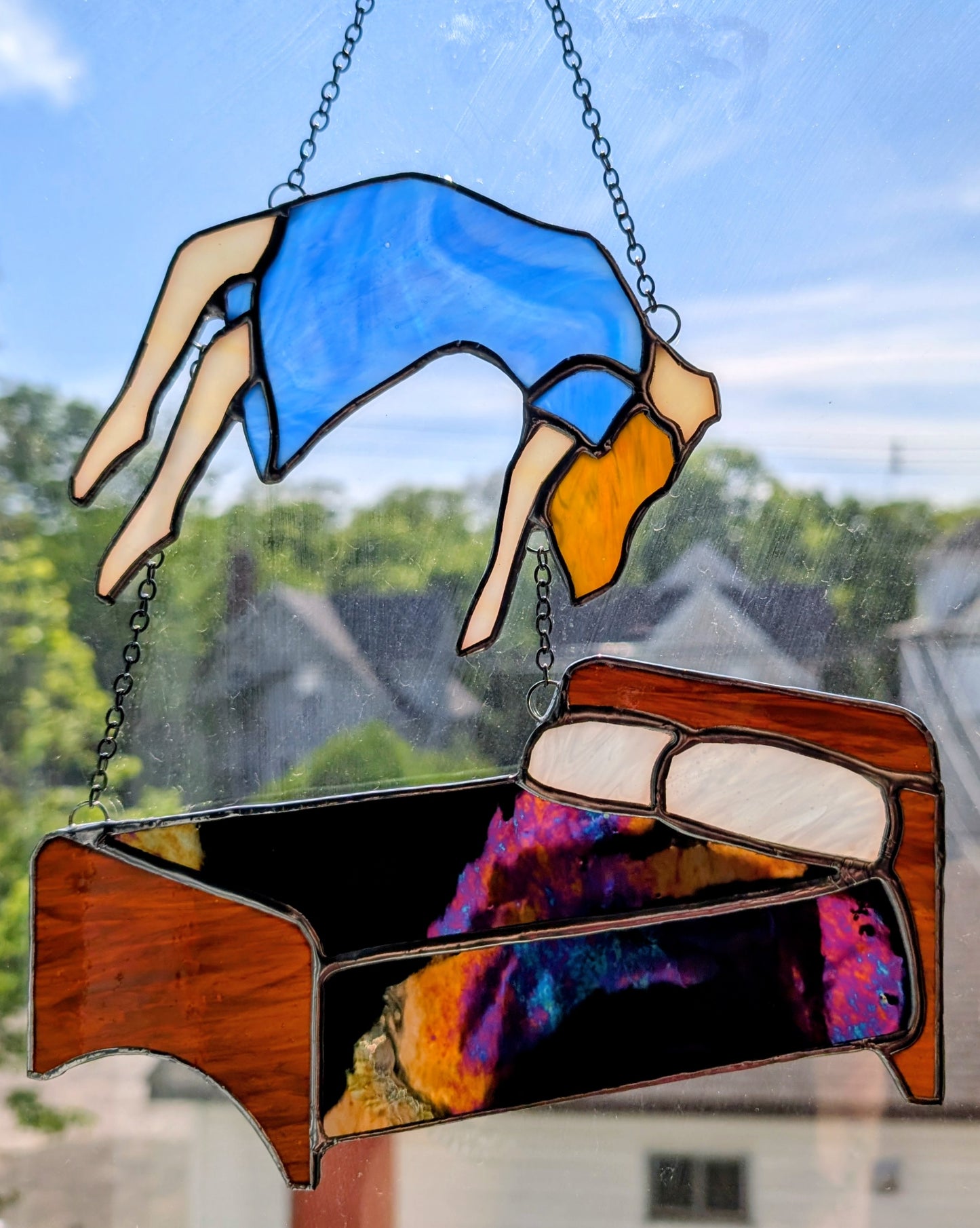 Handcrafted stained glass exorcism horror fan art
