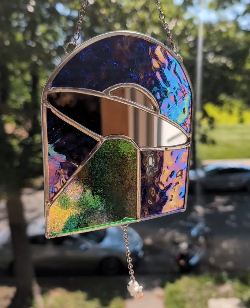 Handcrafted stained glass UFO beaming up a cow blue, green, and mirror