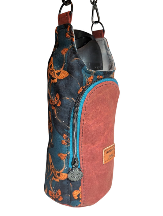 Handcrafted water bottle holder with card slots cat pumpkin Halloween