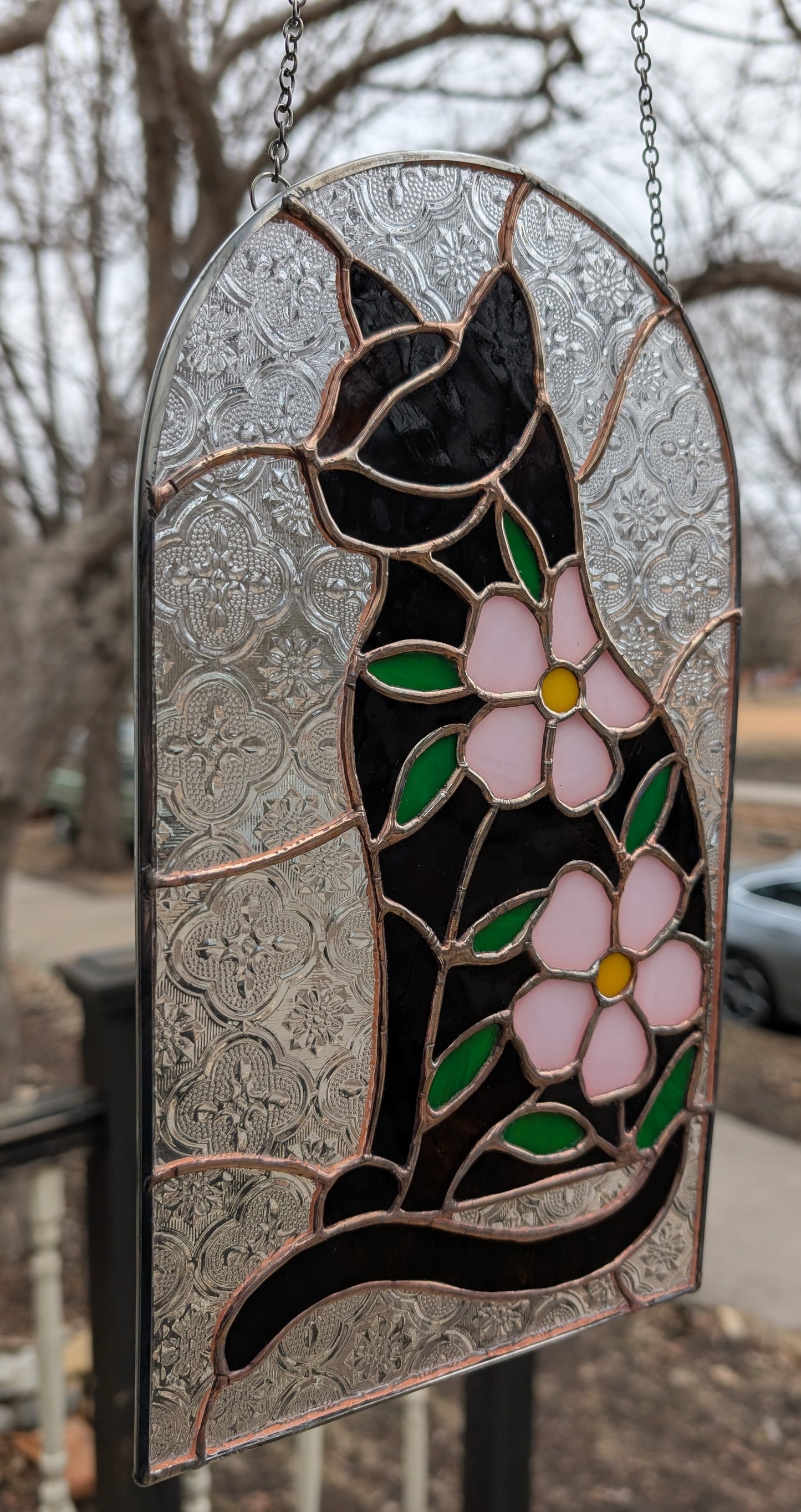 Handcrafted stained glass cat and flowers black/brown and pink