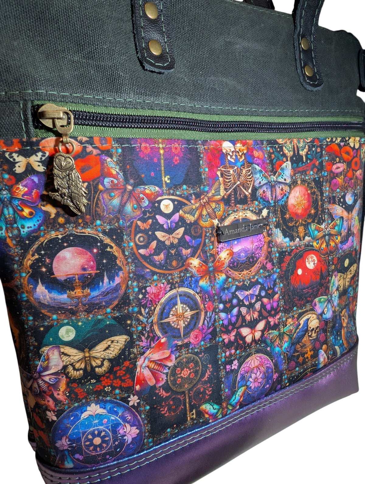 Handcrafted bag purse handbag crossbody butterflies, skulls, owls
