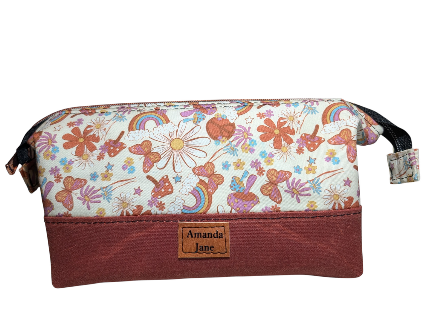 Handcrafted pouch make up toiletry bag retro peace signs, rainbows