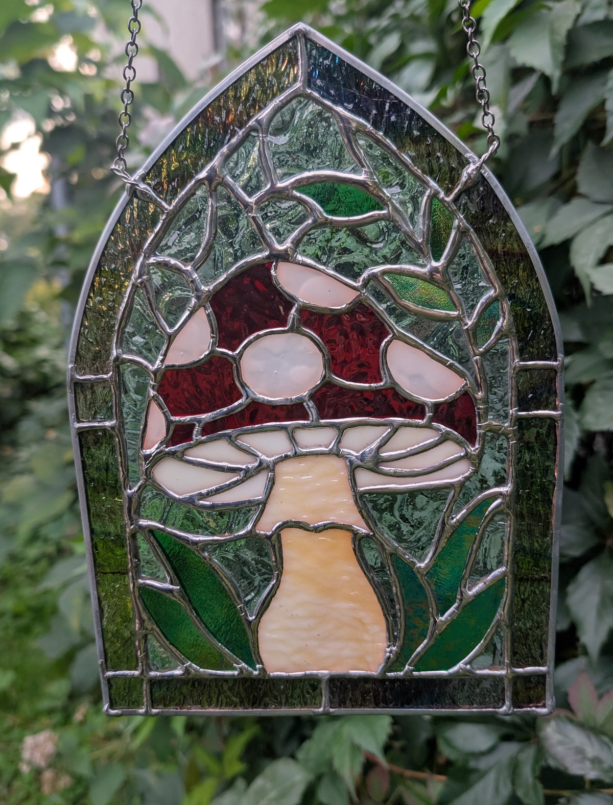 Stained glass sun catcher amanita mushroom