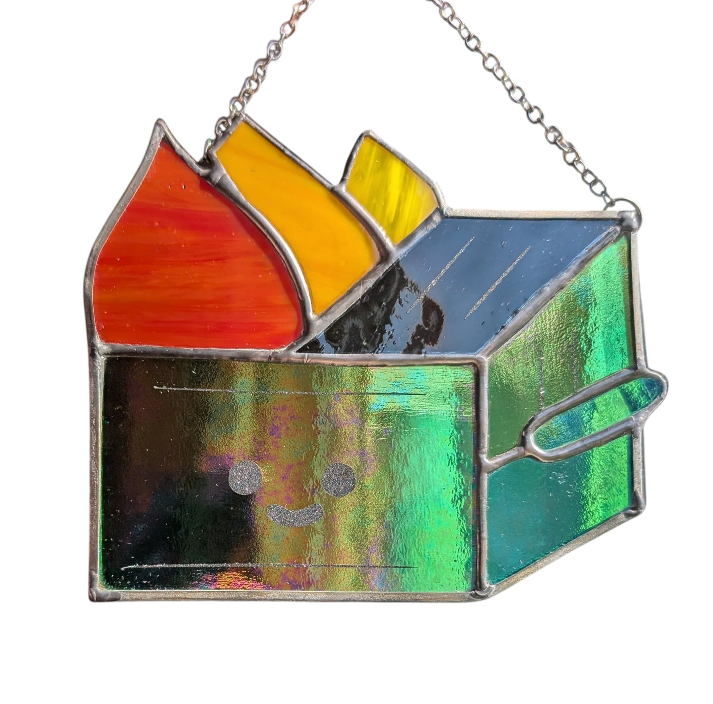 Stained glass sun catcher dumpster fire