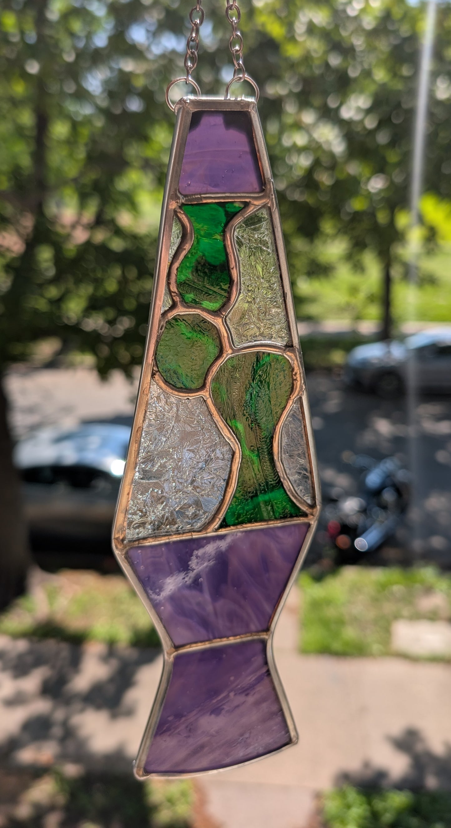 Handcrafted stained glass lava lamp purple and green