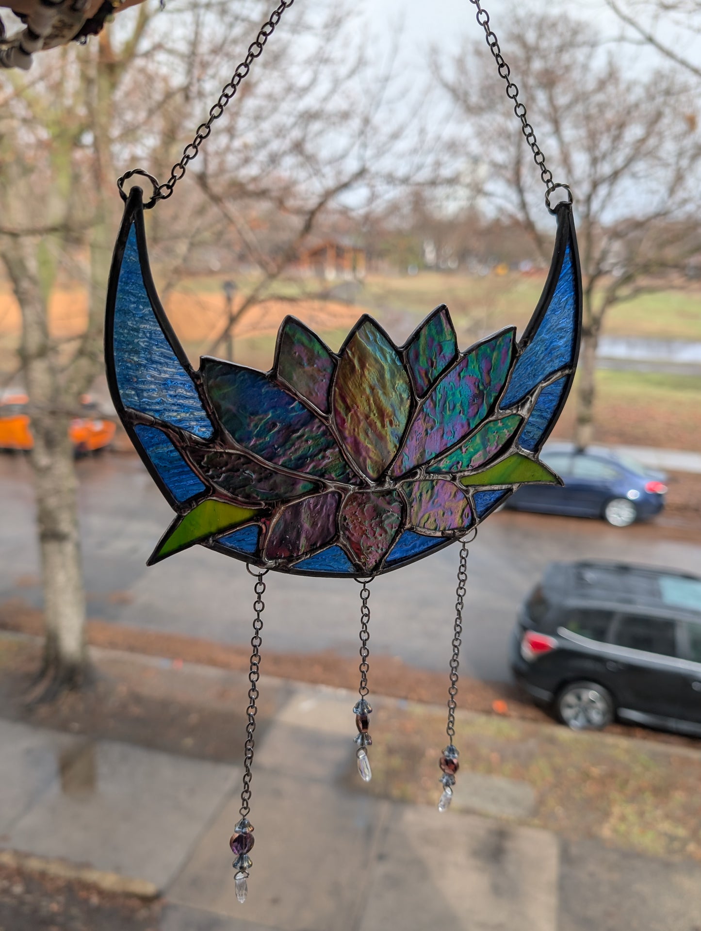 Handcrafted stained glass lotus moon blue DISCOUNTED