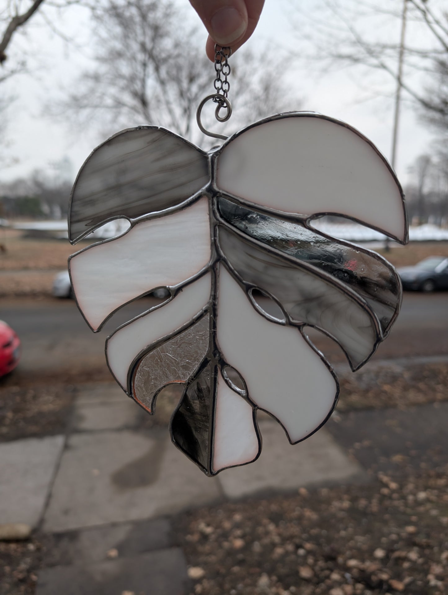 Handcrafted stained glass monstera leaf