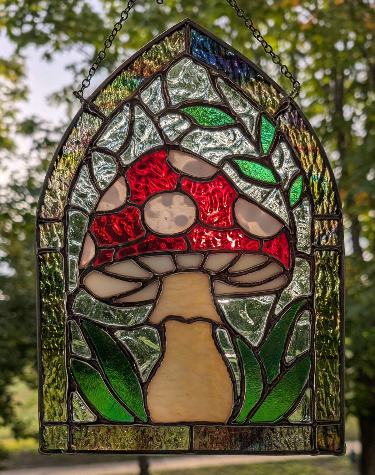 Stained glass sun catcher amanita mushroom