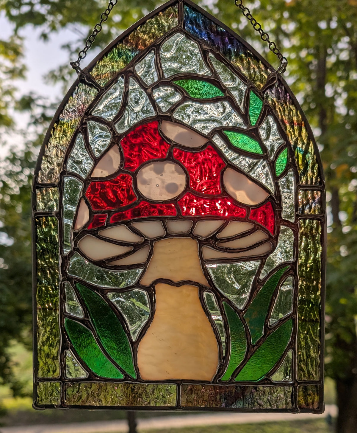 Stained glass sun catcher amanita mushroom